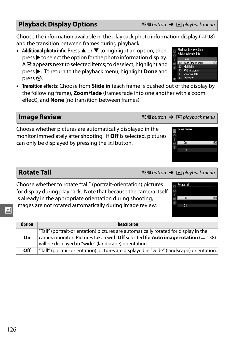 Playback display options, Image review, Rotate tall | Playback display options image review rotate tall | Nikon D3200 User Manual | Page 142 / 228