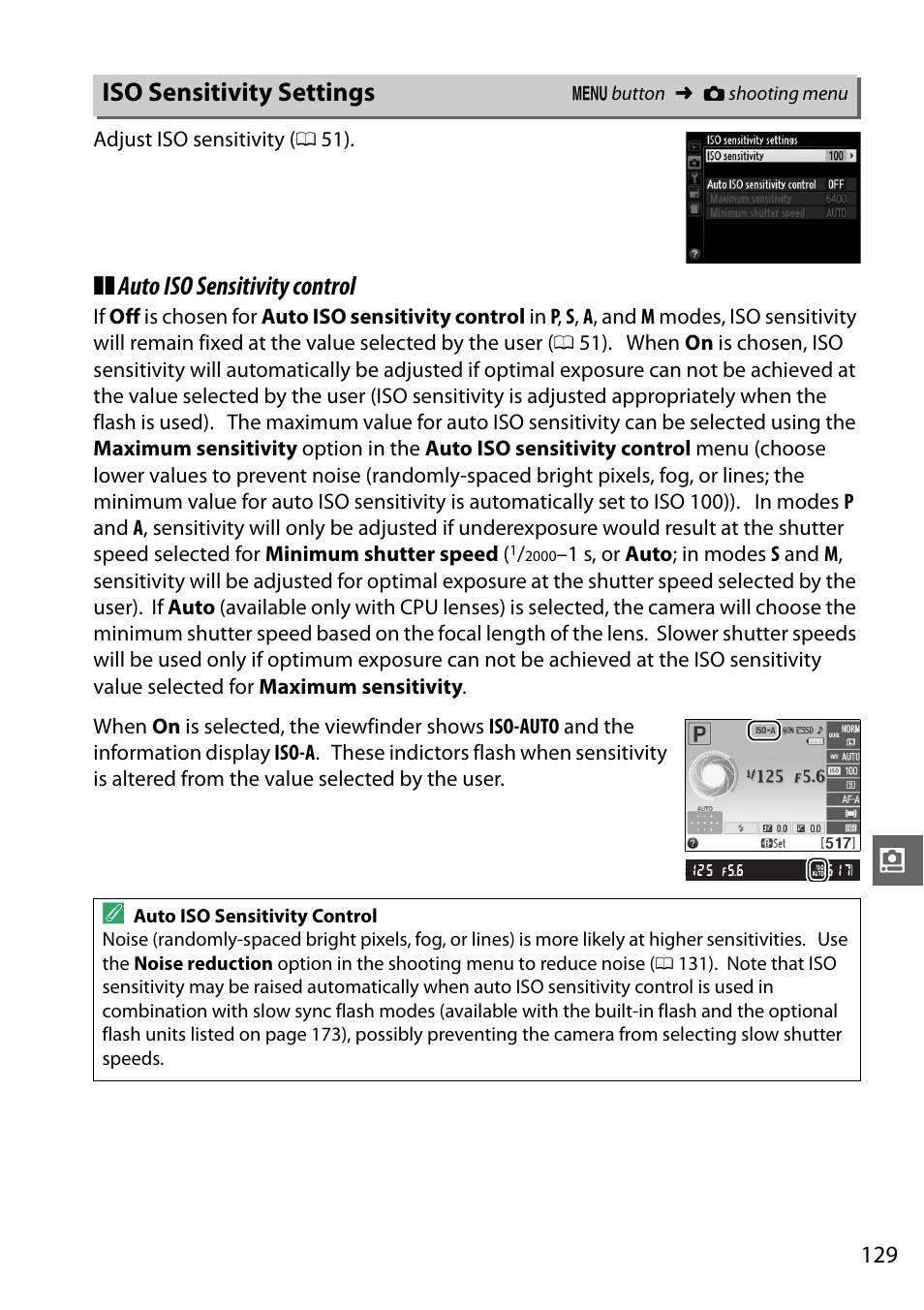 Iso sensitivity settings, 0 129) will be used instead, Auto iso sensitivity control | Nikon D3200 User Manual | Page 145 / 228