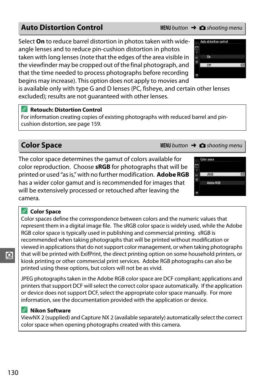 Auto distortion control, Color space, Auto distortion control color space | Nikon D3200 User Manual | Page 146 / 228