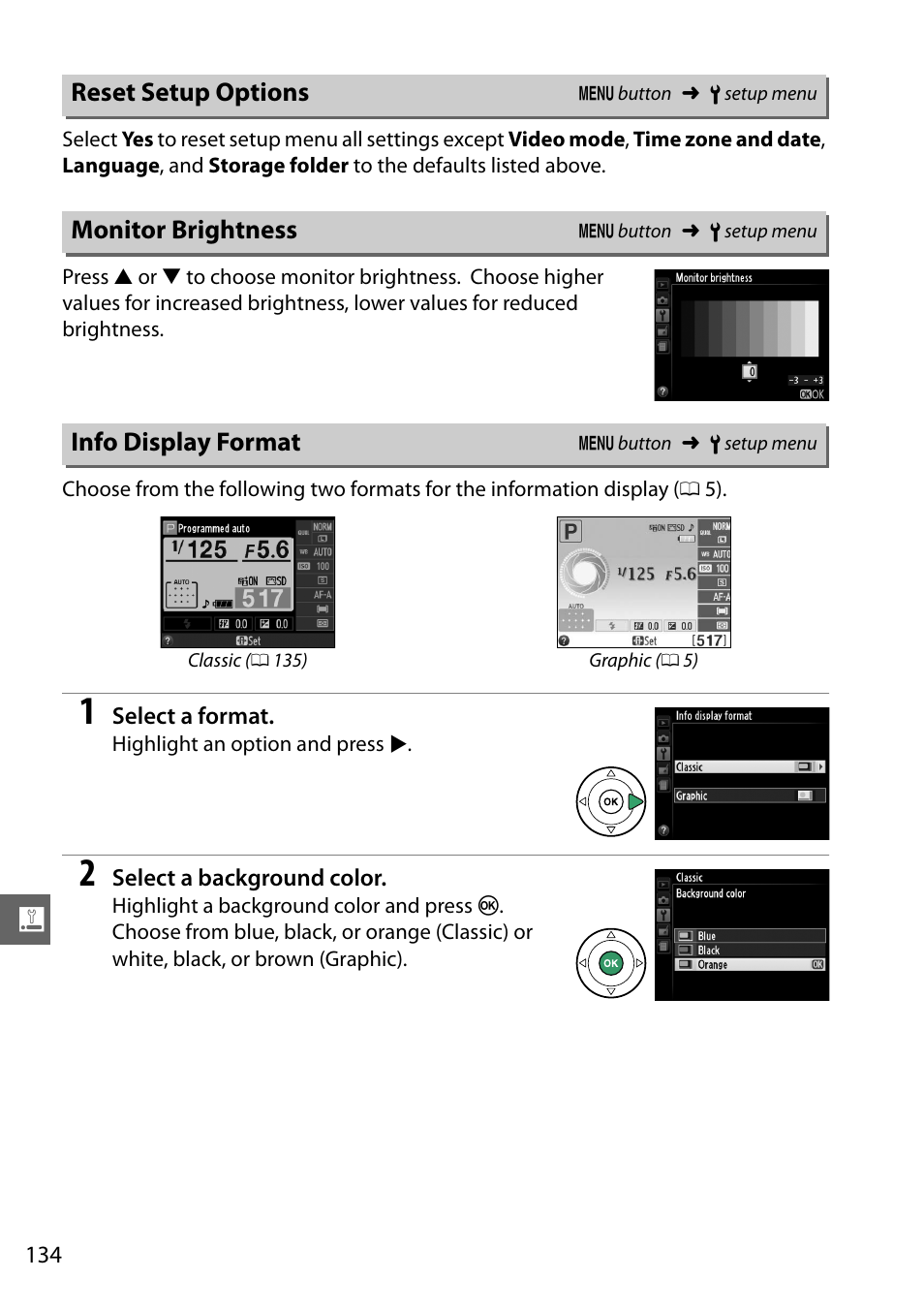 Reset setup options, Monitor brightness, Info display format | Nikon D3200 User Manual | Page 150 / 228