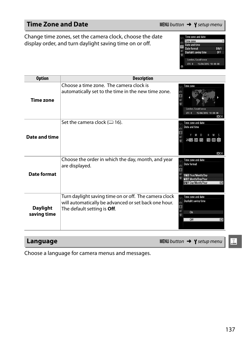 Time zone and date, Language, Time zone and date language | Nikon D3200 User Manual | Page 153 / 228
