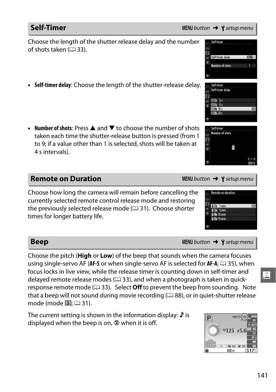 Self-timer, Remote on duration, Beep | Self-timer remote on duration beep, Setup menu, 0 141) can be used | Nikon D3200 User Manual | Page 157 / 228