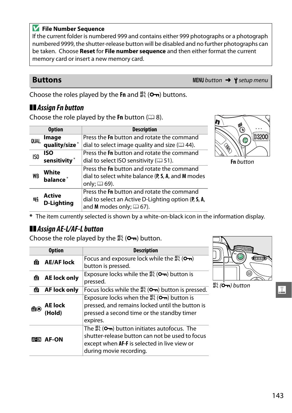 Buttons, Assign fn button, Assign ae-l/af-l button | Nikon D3200 User Manual | Page 159 / 228