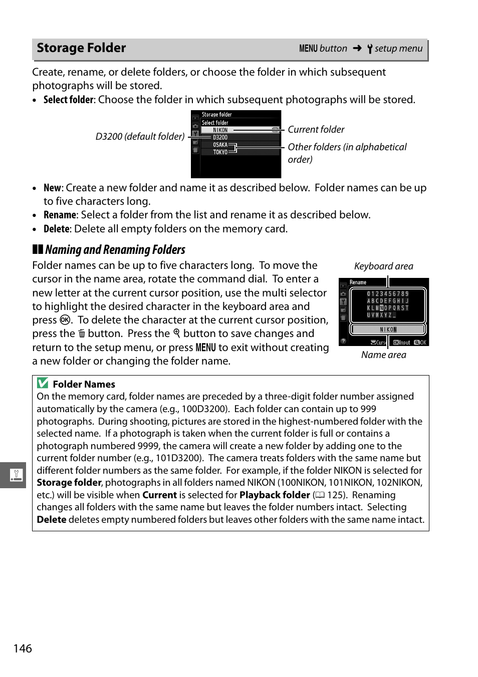 Storage folder, 0 146) ar, Naming and renaming folders | Nikon D3200 User Manual | Page 162 / 228