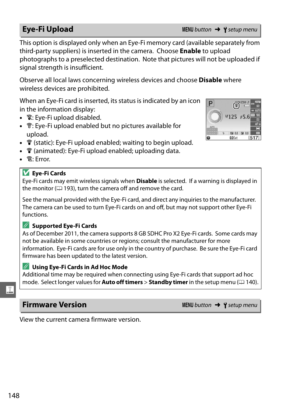 Eye-fi upload, Firmware version, Eye-fi upload firmware version | Nikon D3200 User Manual | Page 164 / 228