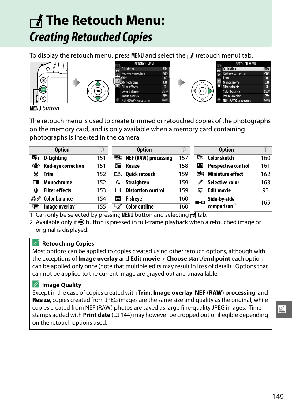 The retouch menu: creating retouched copies, N the retouch menu: creating retouched copies | Nikon D3200 User Manual | Page 165 / 228
