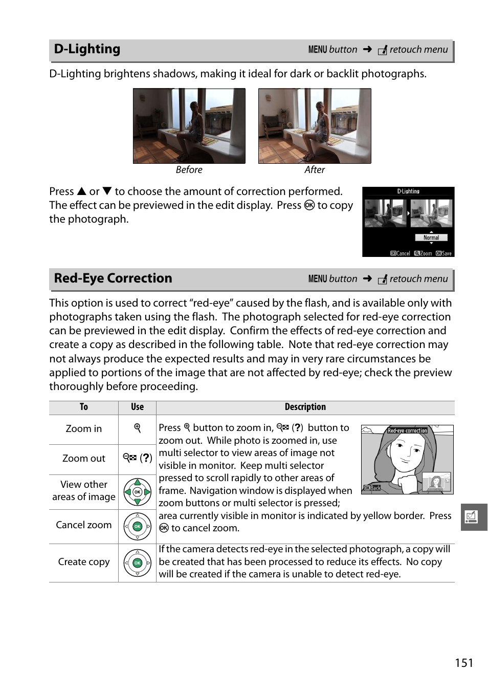 D-lighting, Red-eye correction, D-lighting red-eye correction | Nikon D3200 User Manual | Page 167 / 228