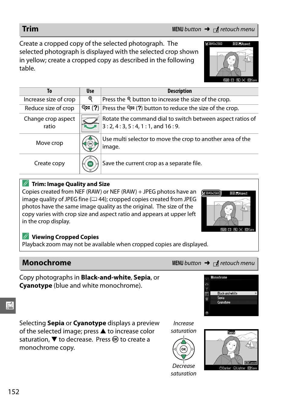 Trim, Monochrome, Trim monochrome | Nikon D3200 User Manual | Page 168 / 228