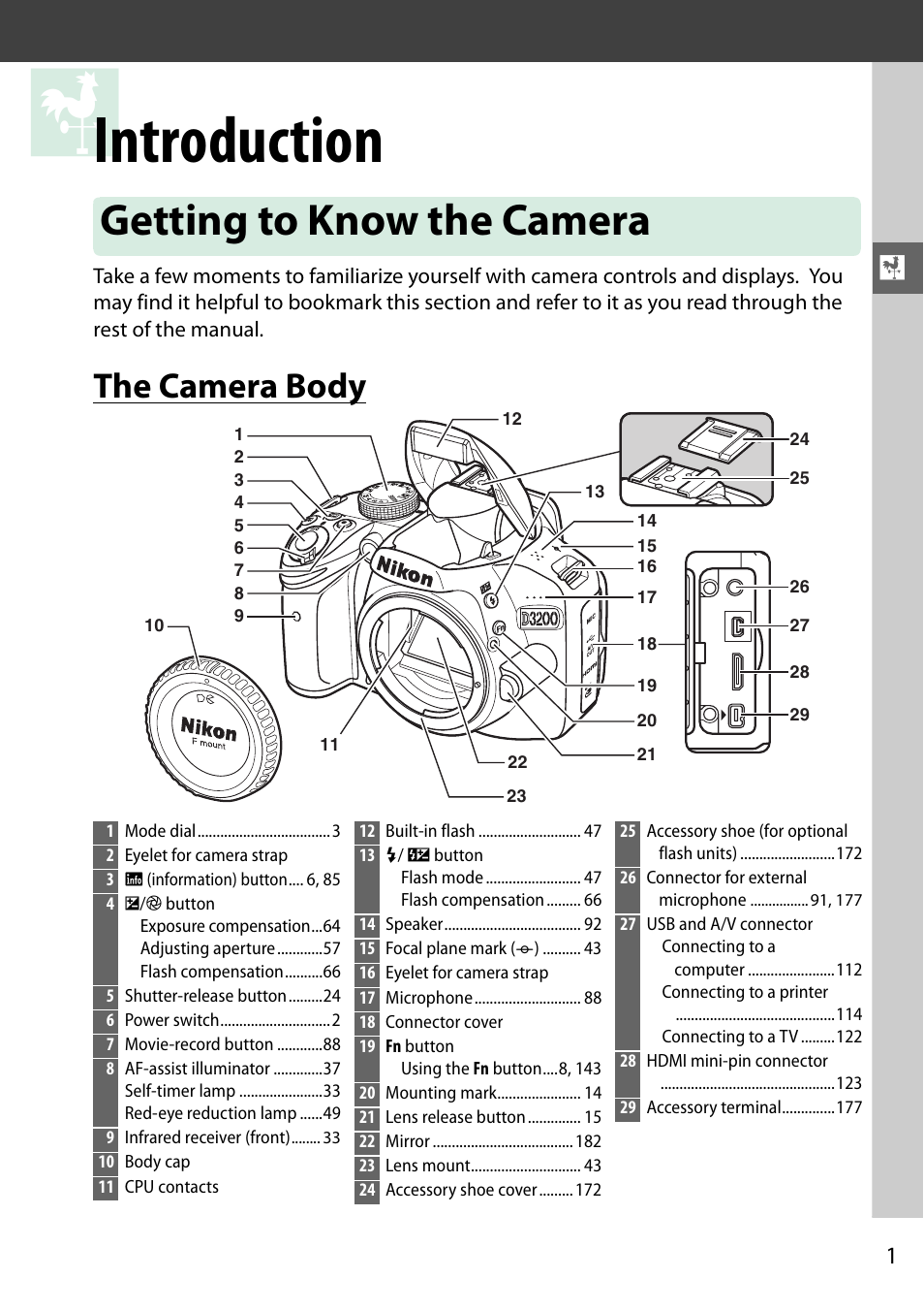 Introduction, Getting to know the camera, The camera body | Nikon D3200 User Manual | Page 17 / 228