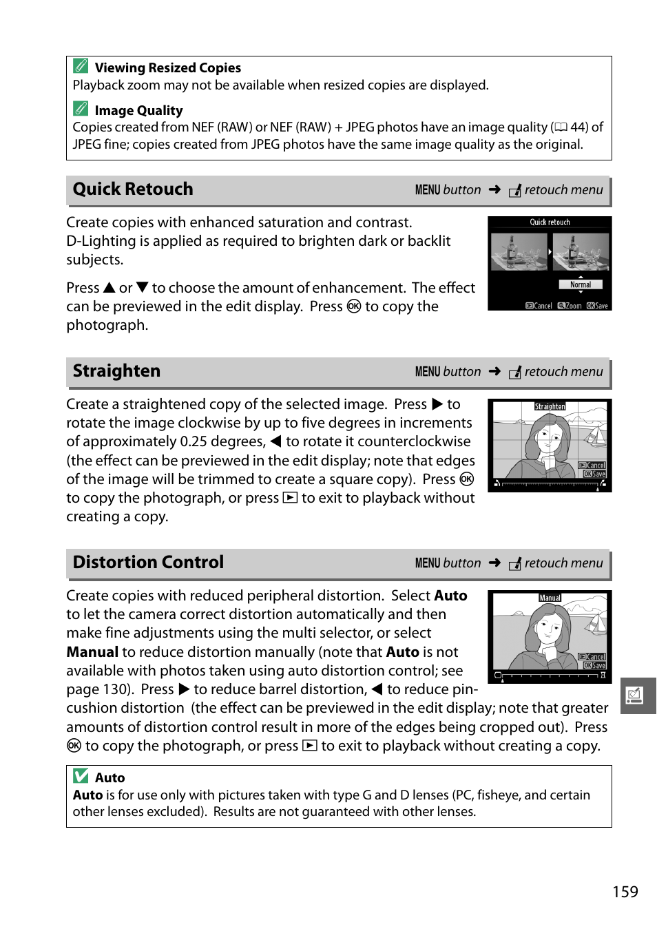 Quick retouch, Straighten, Distortion control | Quick retouch straighten distortion control | Nikon D3200 User Manual | Page 175 / 228