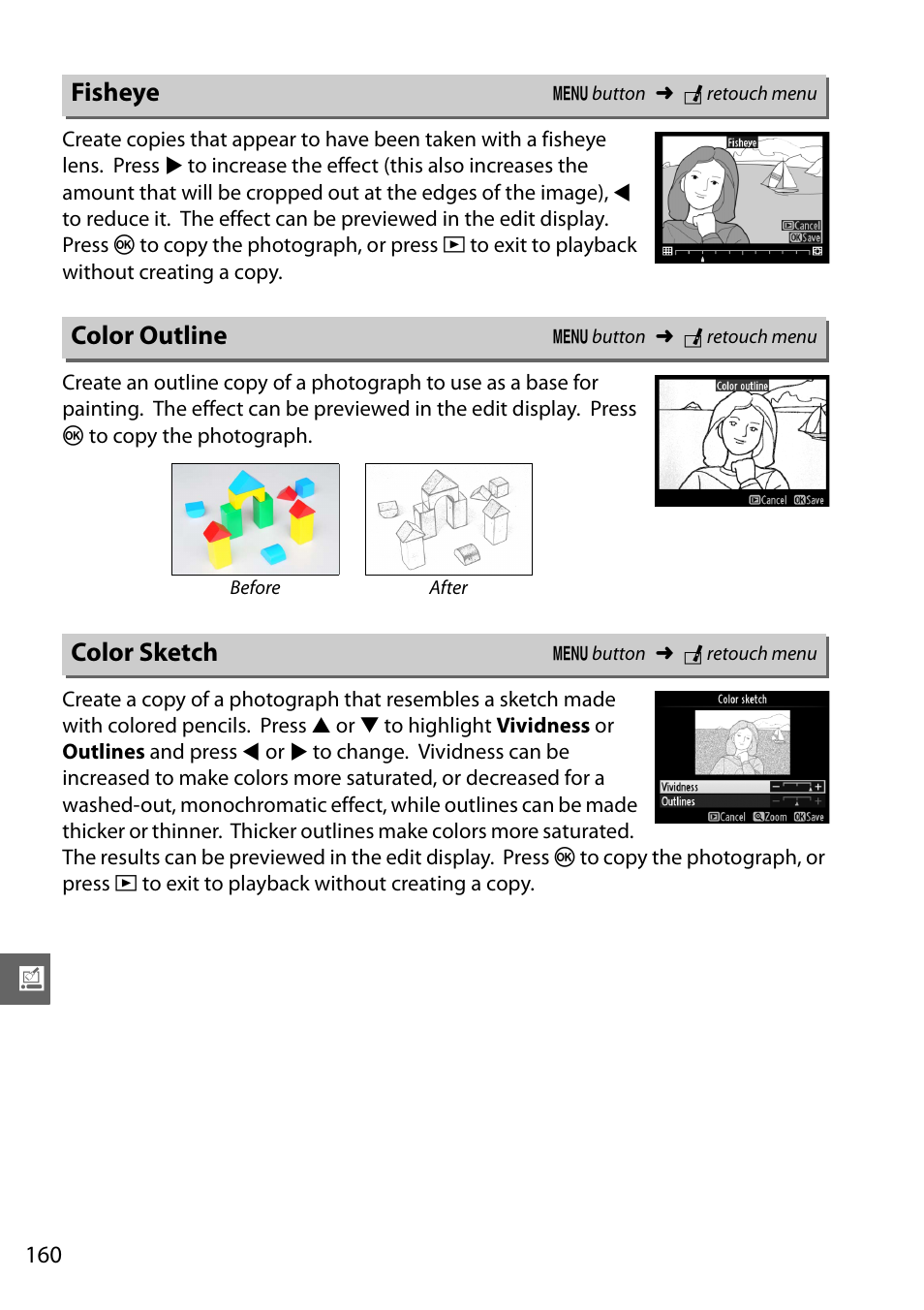 Fisheye, Color outline, Color sketch | Fisheye color outline color sketch | Nikon D3200 User Manual | Page 176 / 228