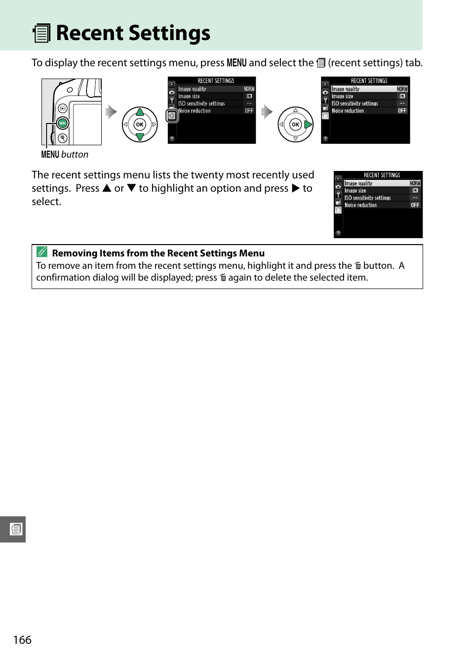 Recent settings, M recent settings | Nikon D3200 User Manual | Page 182 / 228