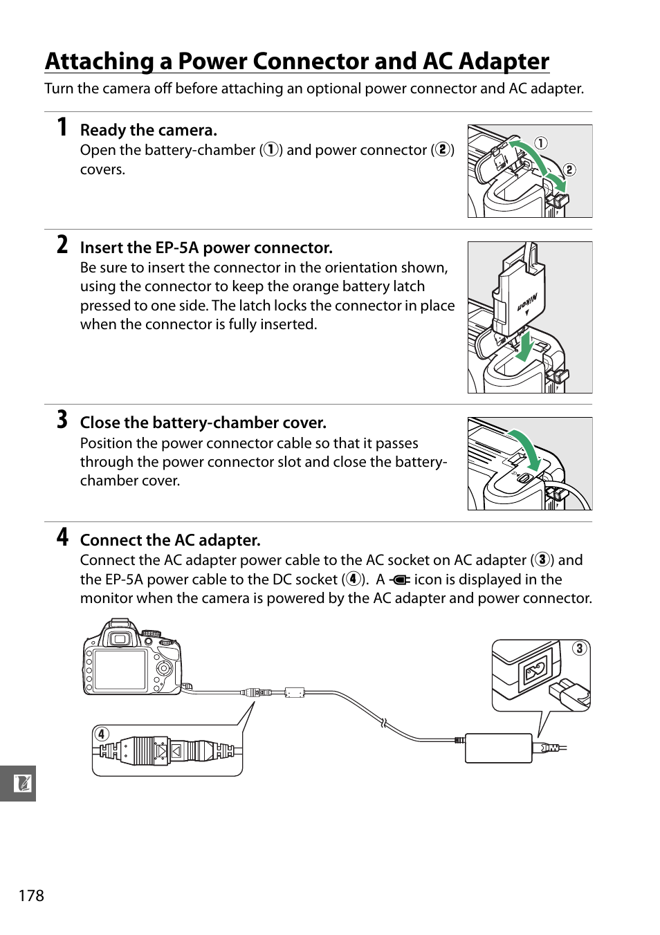 Attaching a power connector and ac adapter, 178 f | Nikon D3200 User Manual | Page 194 / 228