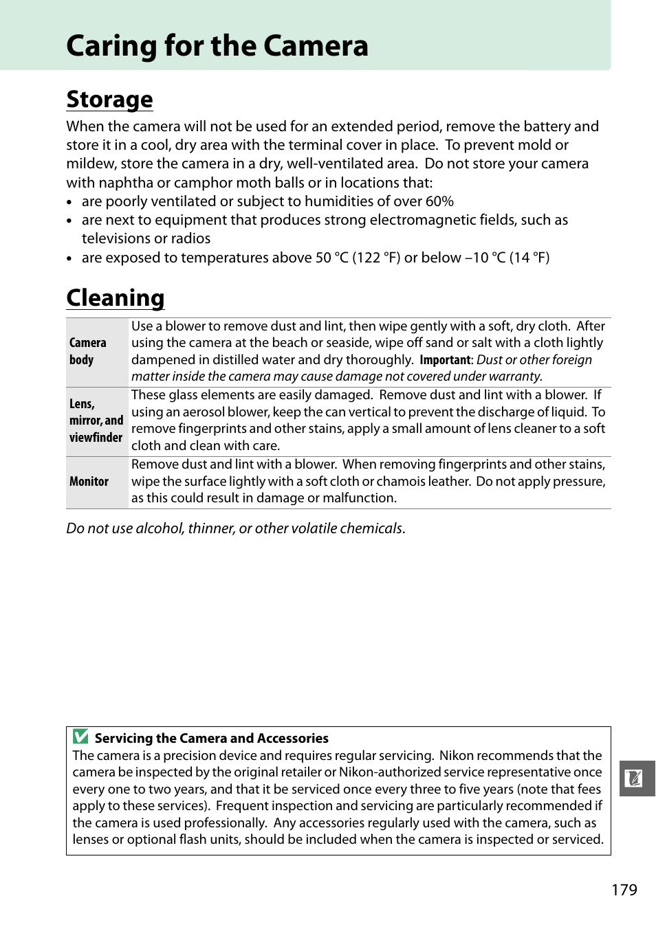 Caring for the camera, Storage, Cleaning | Storage cleaning | Nikon D3200 User Manual | Page 195 / 228