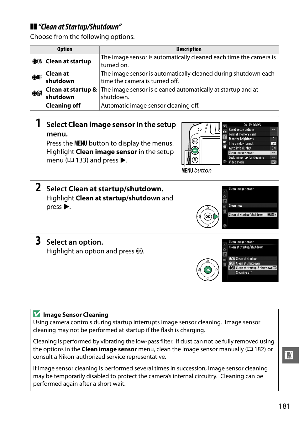 Clean at startup/shutdown | Nikon D3200 User Manual | Page 197 / 228