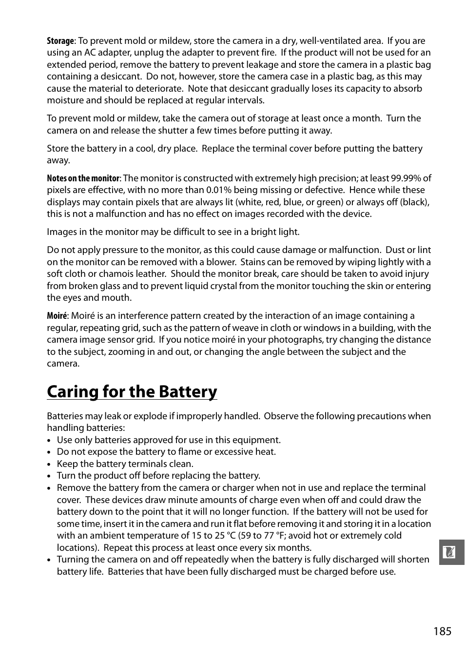 Caring for the battery | Nikon D3200 User Manual | Page 201 / 228