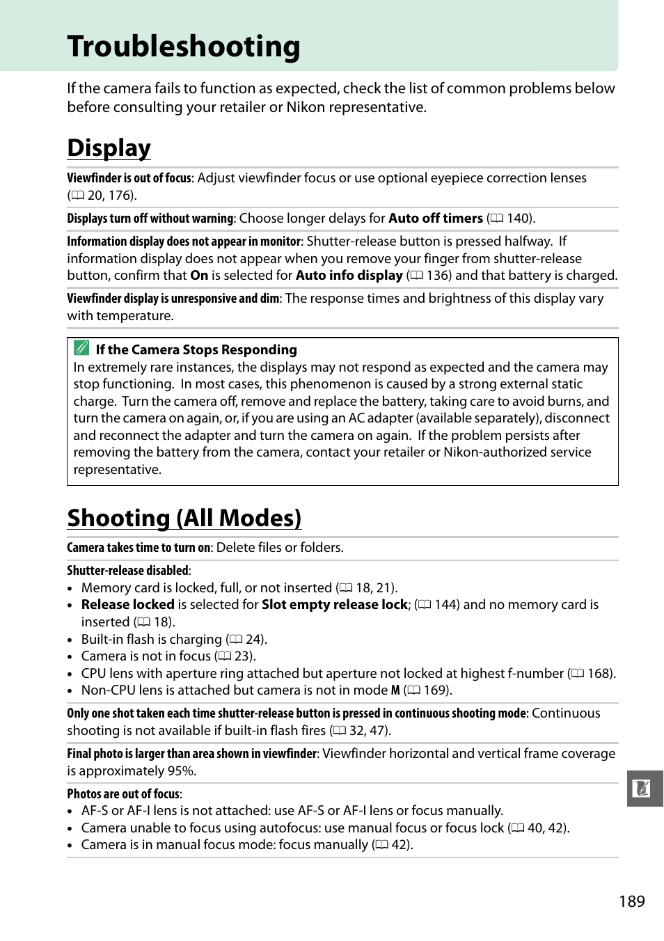 Troubleshooting, Display, Shooting (all modes) | Display shooting (all modes) | Nikon D3200 User Manual | Page 205 / 228