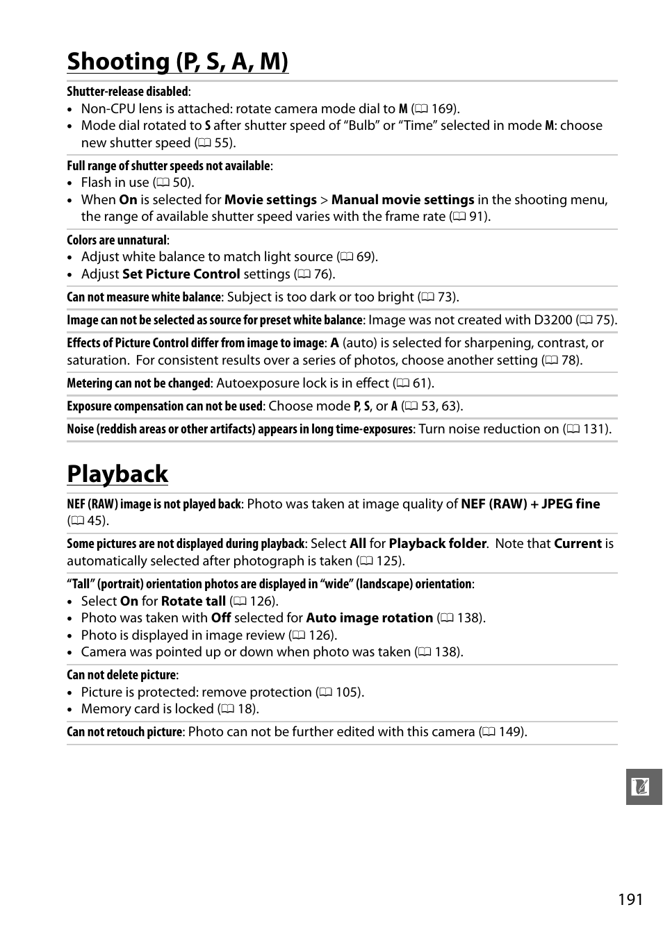 Shooting (p, s, a, m), Playback, Shooting ( p, s, a, m ) playback | Shooting (p, s, a, m) playback | Nikon D3200 User Manual | Page 207 / 228