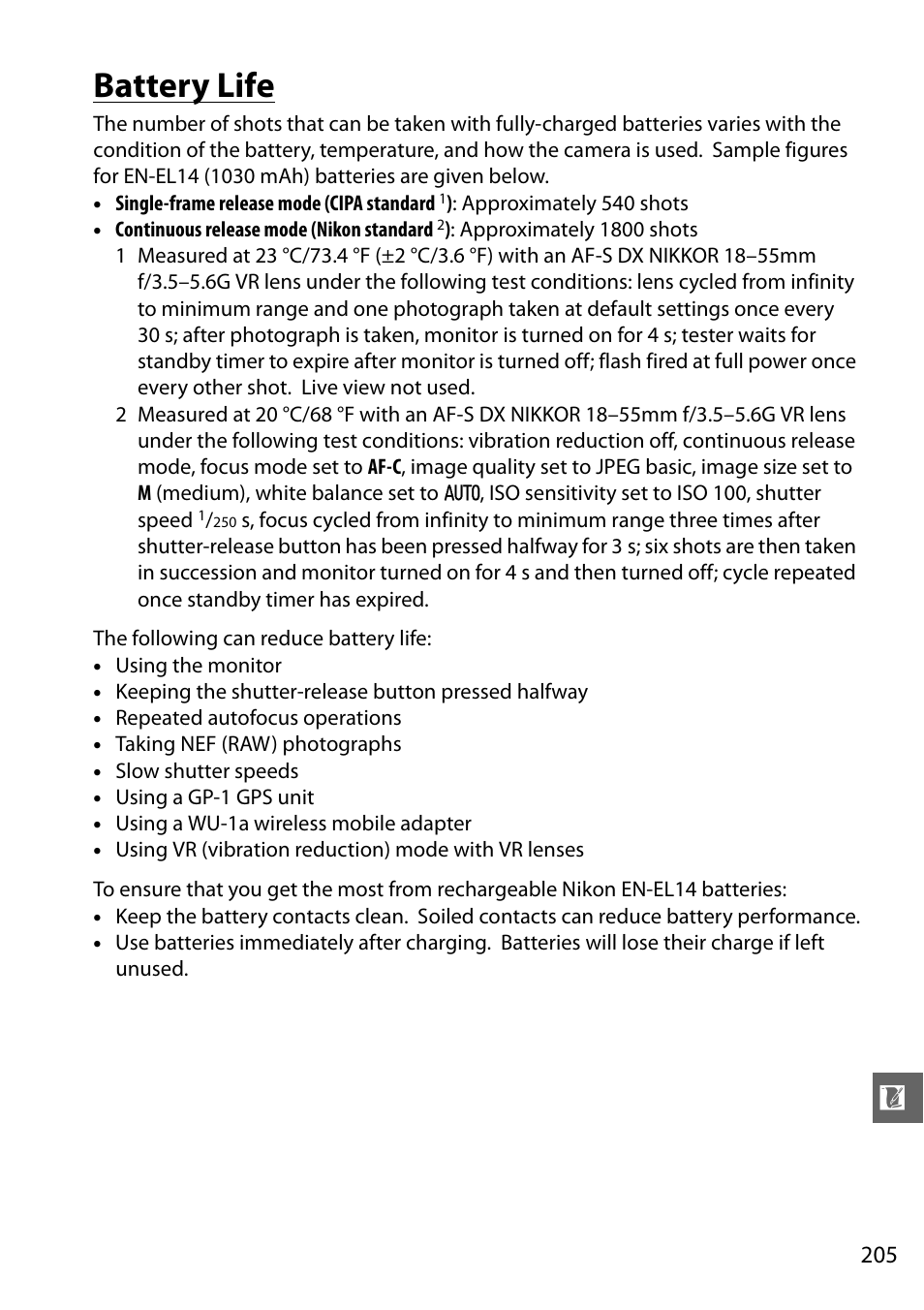 Battery life | Nikon D3200 User Manual | Page 221 / 228