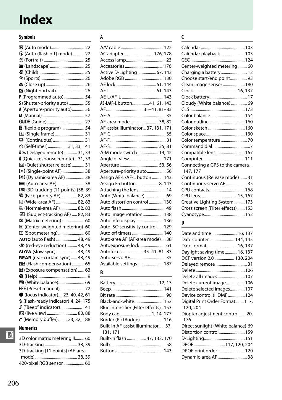 Index | Nikon D3200 User Manual | Page 222 / 228
