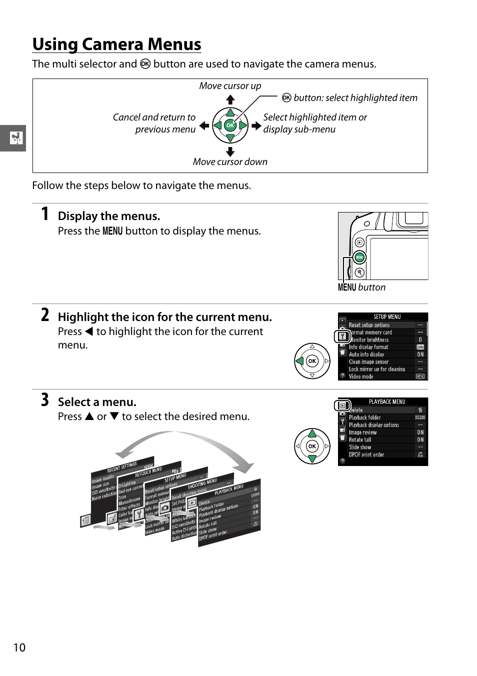 Using camera menus | Nikon D3200 User Manual | Page 26 / 228