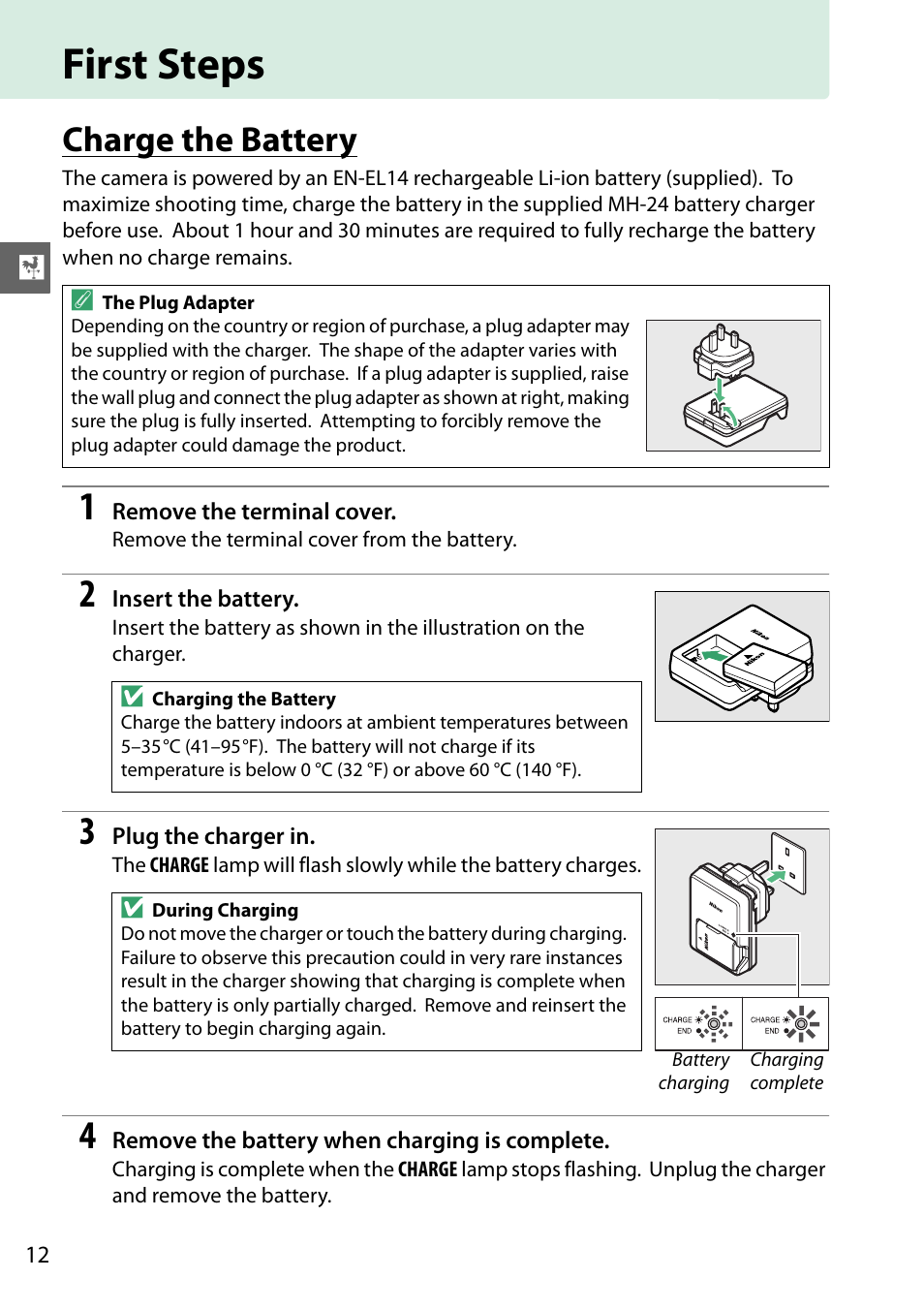First steps, Charge the battery | Nikon D3200 User Manual | Page 28 / 228