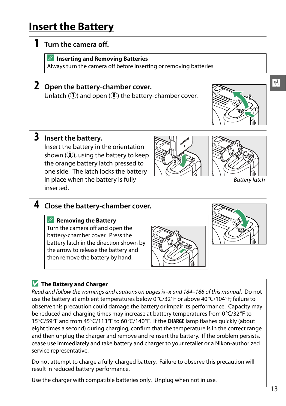 Insert the battery | Nikon D3200 User Manual | Page 29 / 228