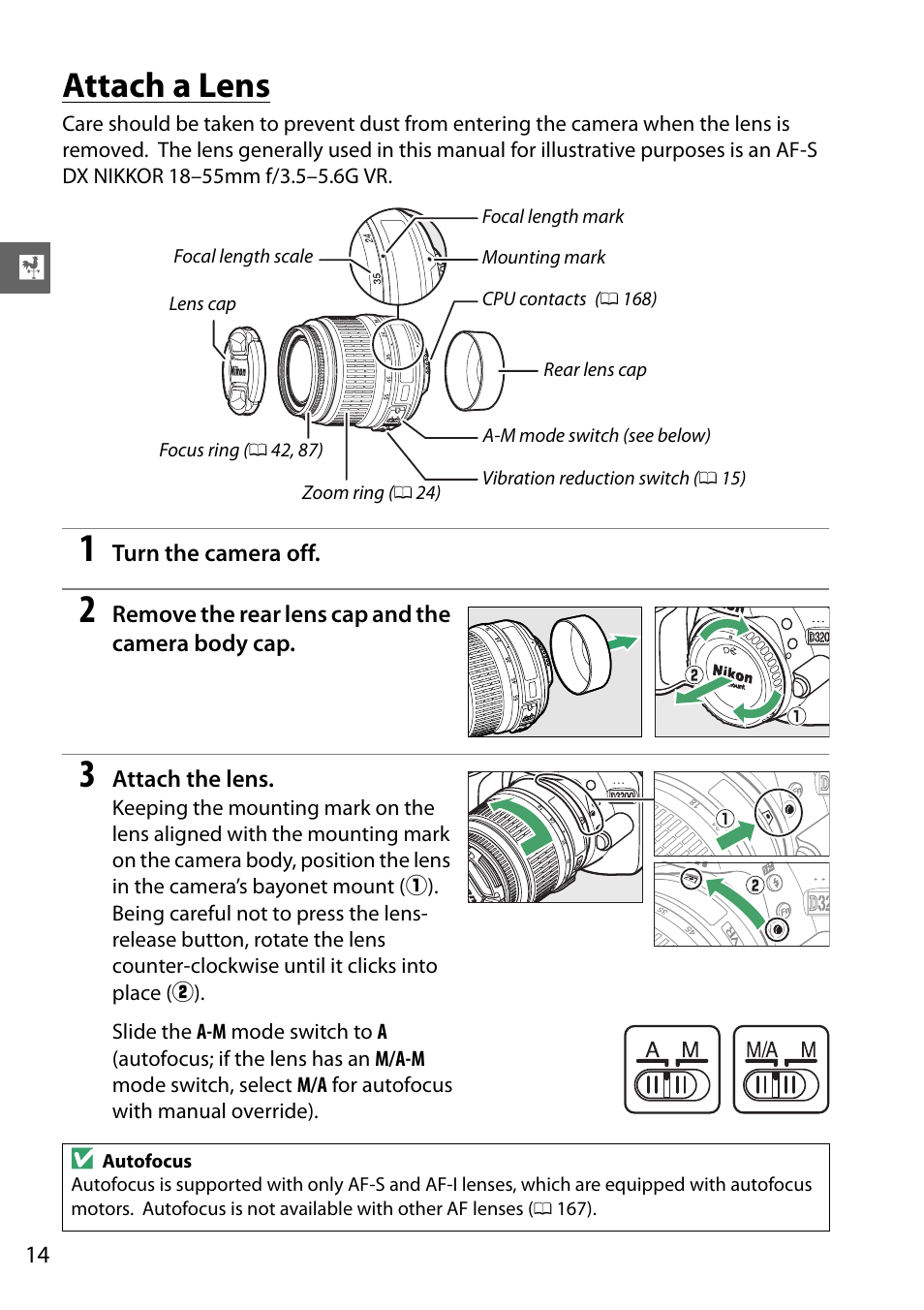 Attach a lens | Nikon D3200 User Manual | Page 30 / 228