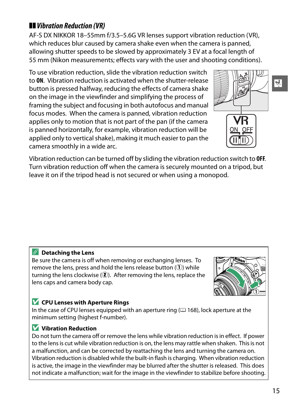 Vibration reduction (vr) | Nikon D3200 User Manual | Page 31 / 228