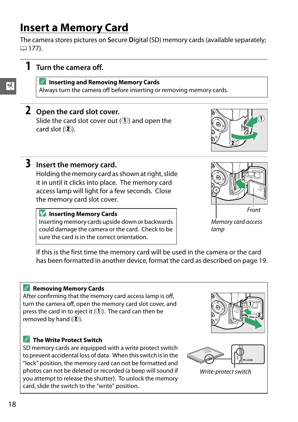 Insert a memory card | Nikon D3200 User Manual | Page 34 / 228