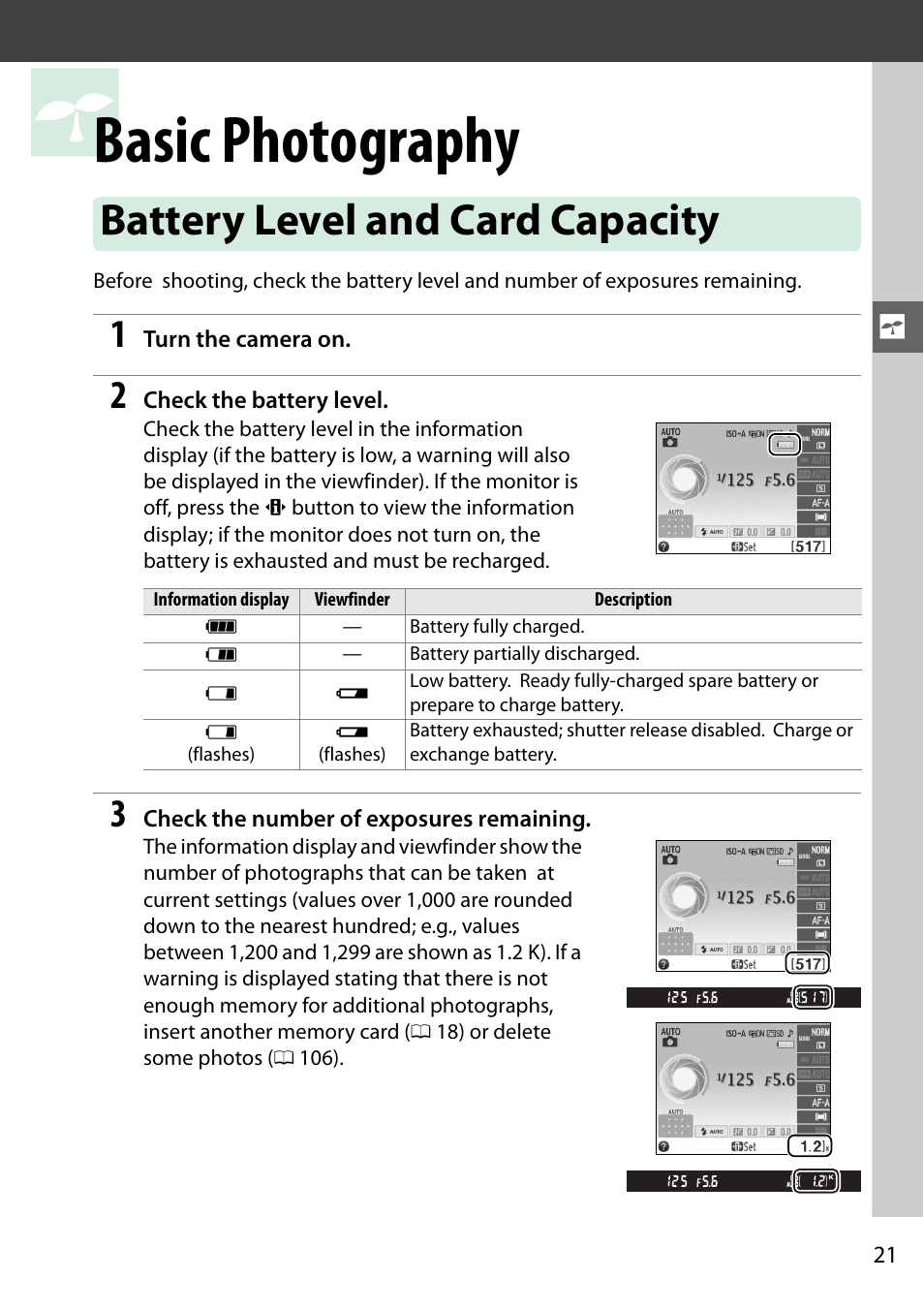 Basic photography, Battery level and card capacity | Nikon D3200 User Manual | Page 37 / 228