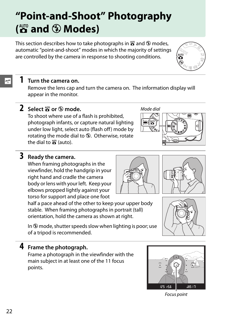 Point-and-shoot” photography, I and j modes), Point-and-shoot” photography ( i and j modes) | Nikon D3200 User Manual | Page 38 / 228