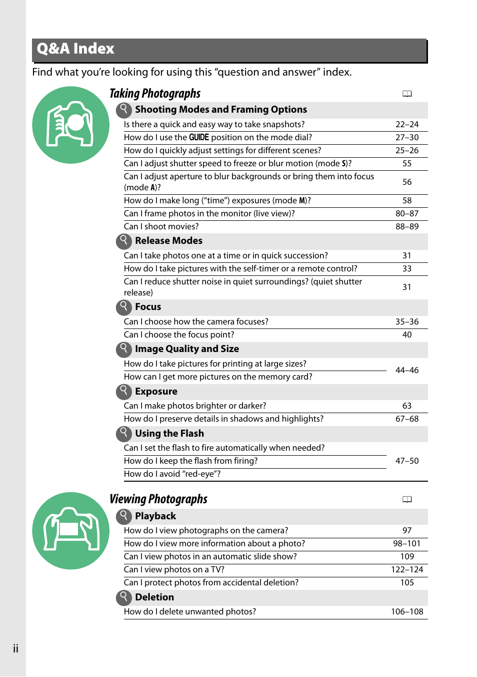 Q&a index, Taking photographs, Viewing photographs | Nikon D3200 User Manual | Page 4 / 228