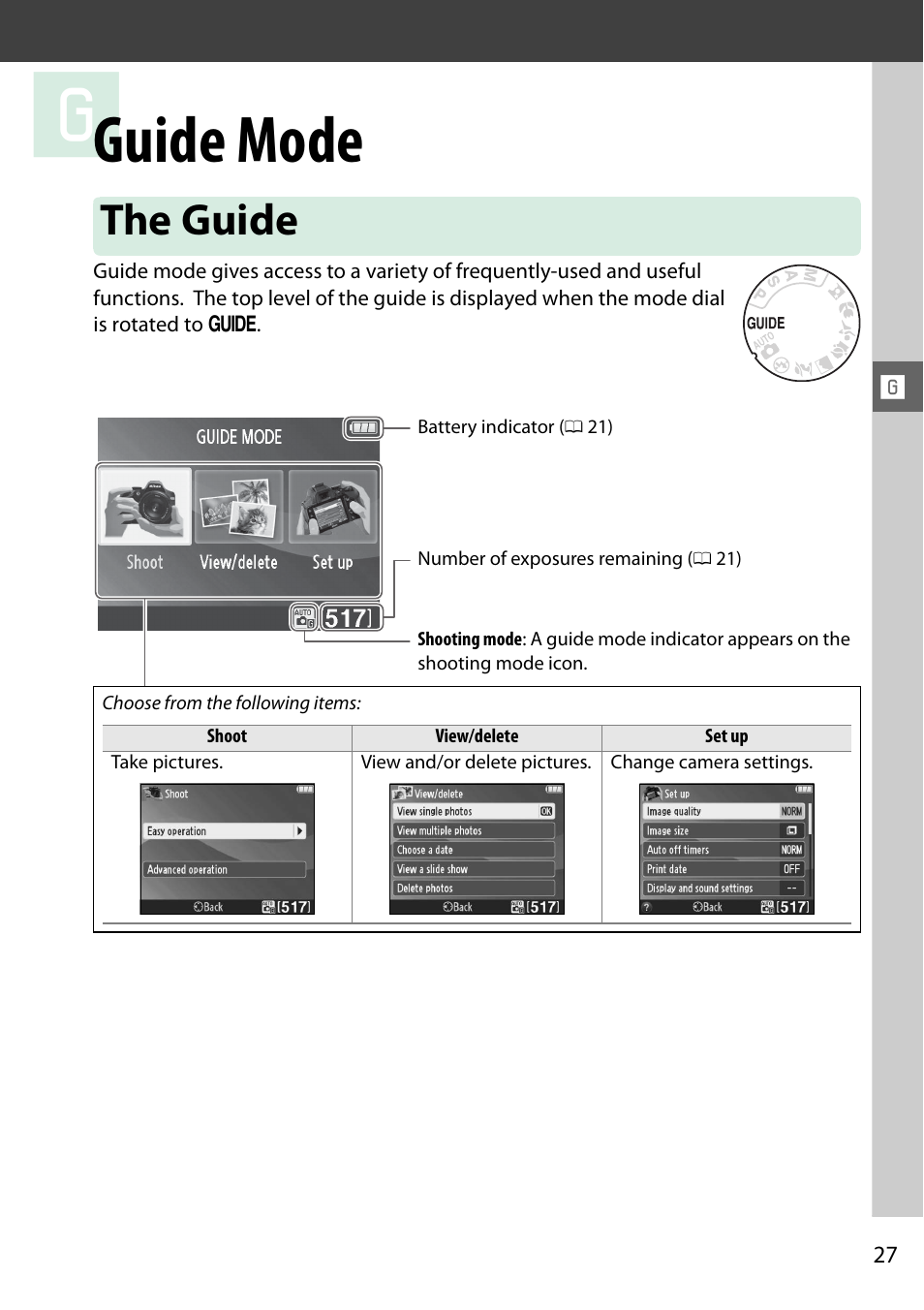 Guide mode, The guide | Nikon D3200 User Manual | Page 43 / 228