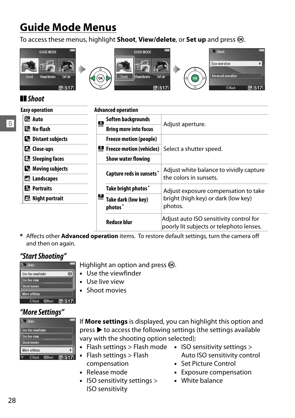 Guide mode menus, Shoot, Start shooting” “more settings | Nikon D3200 User Manual | Page 44 / 228