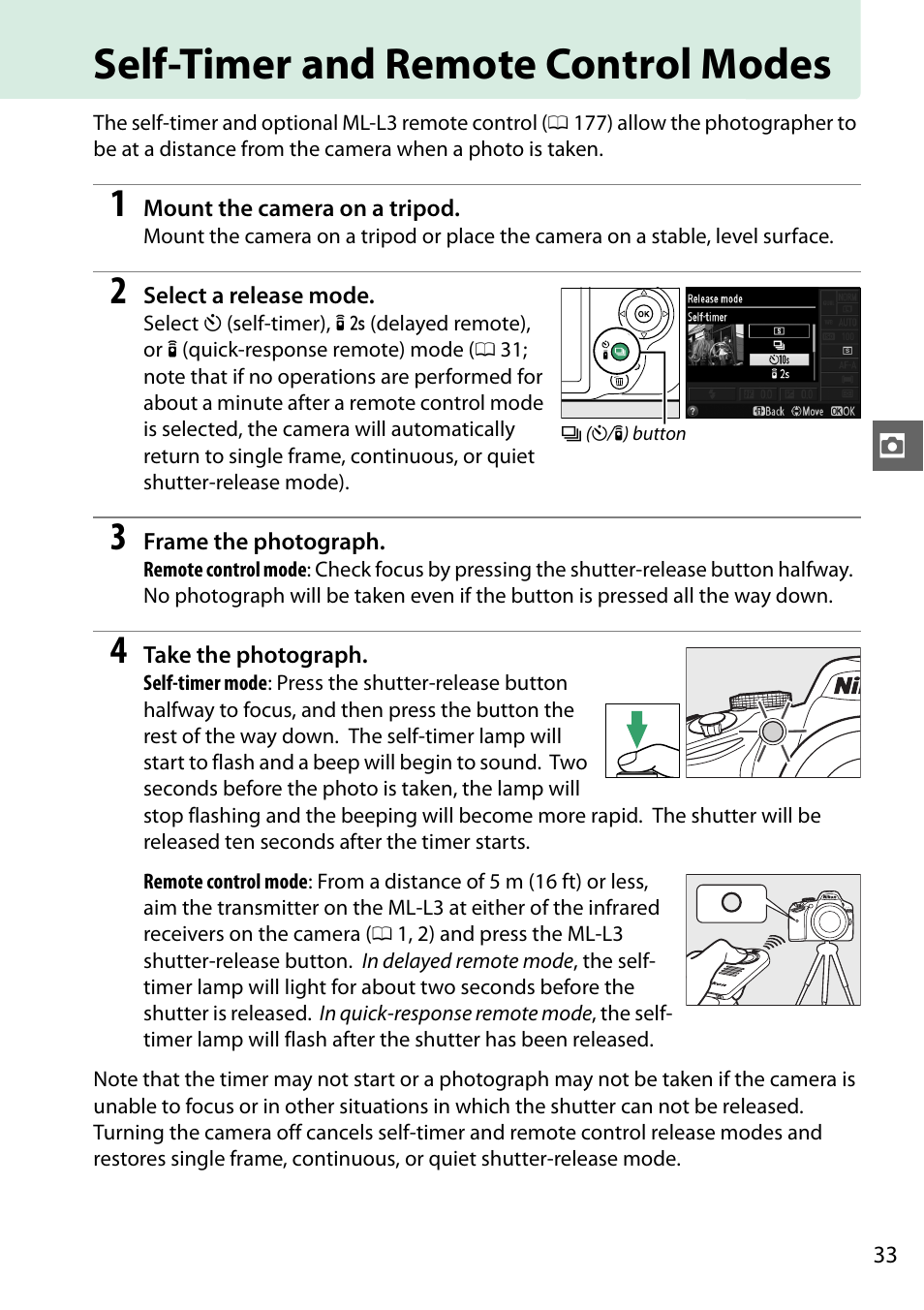 Self-timer and remote control modes | Nikon D3200 User Manual | Page 49 / 228