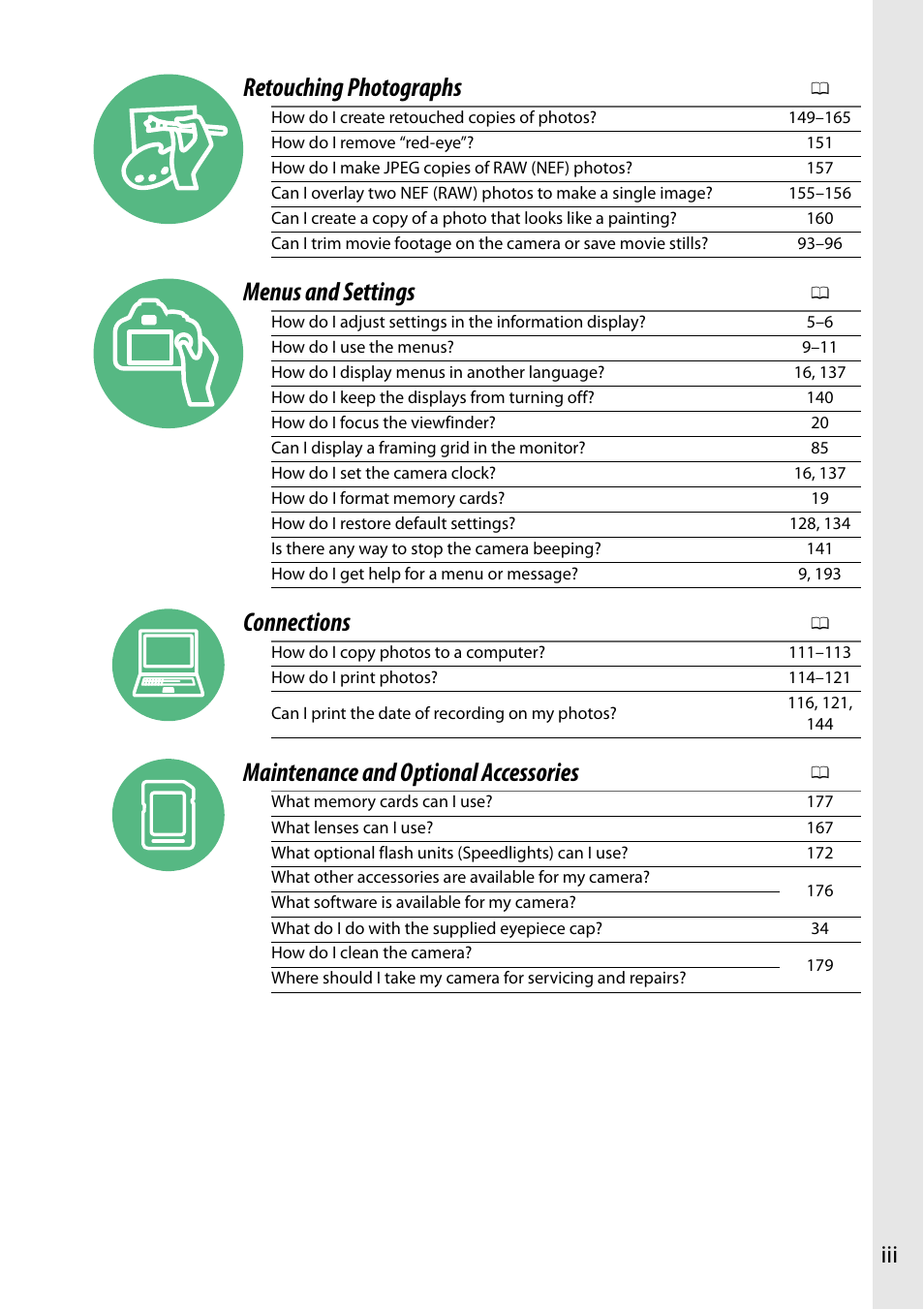 Retouching photographs, Menus and settings, Connections | Maintenance and optional accessories | Nikon D3200 User Manual | Page 5 / 228