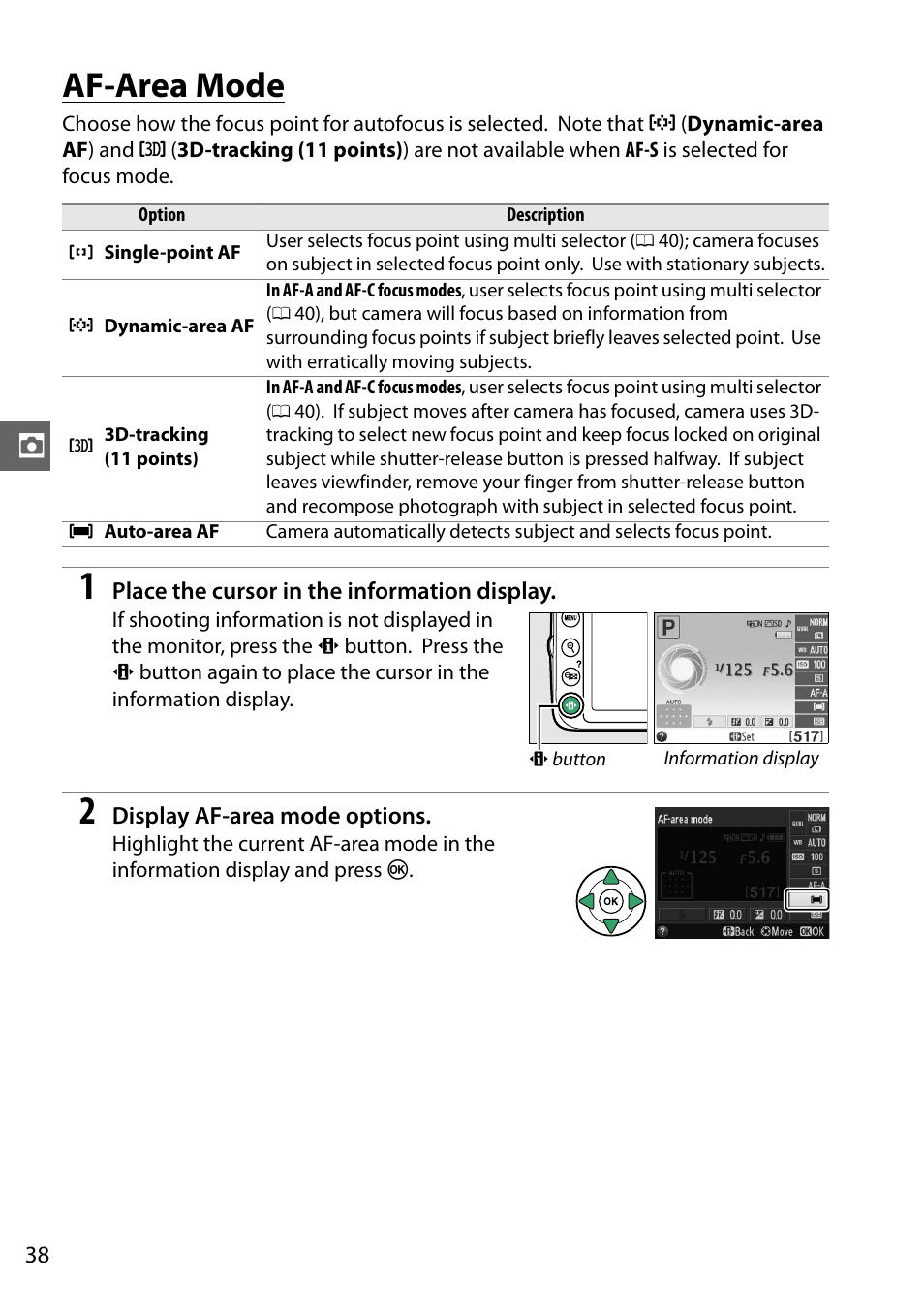 Af-area mode, 0 38), and the c | Nikon D3200 User Manual | Page 54 / 228