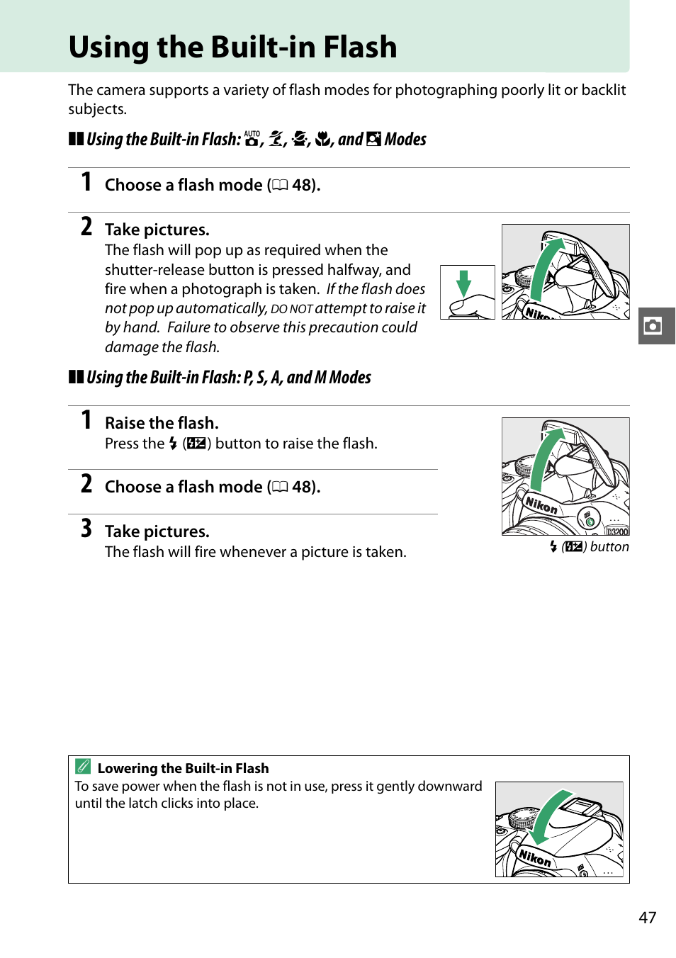 Using the built-in flash, F (0 47–49) | Nikon D3200 User Manual | Page 63 / 228