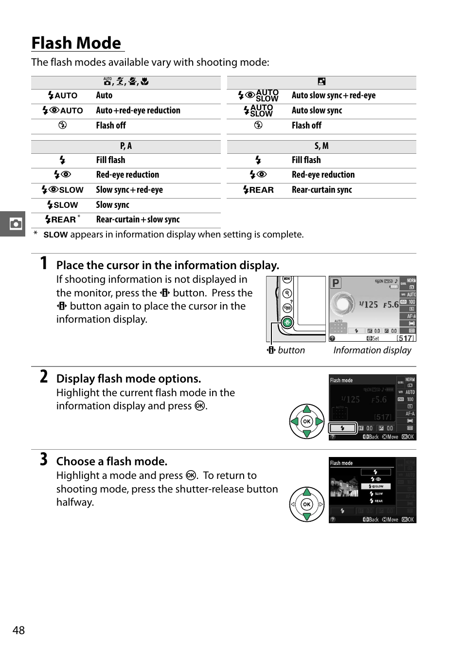Flash mode | Nikon D3200 User Manual | Page 64 / 228