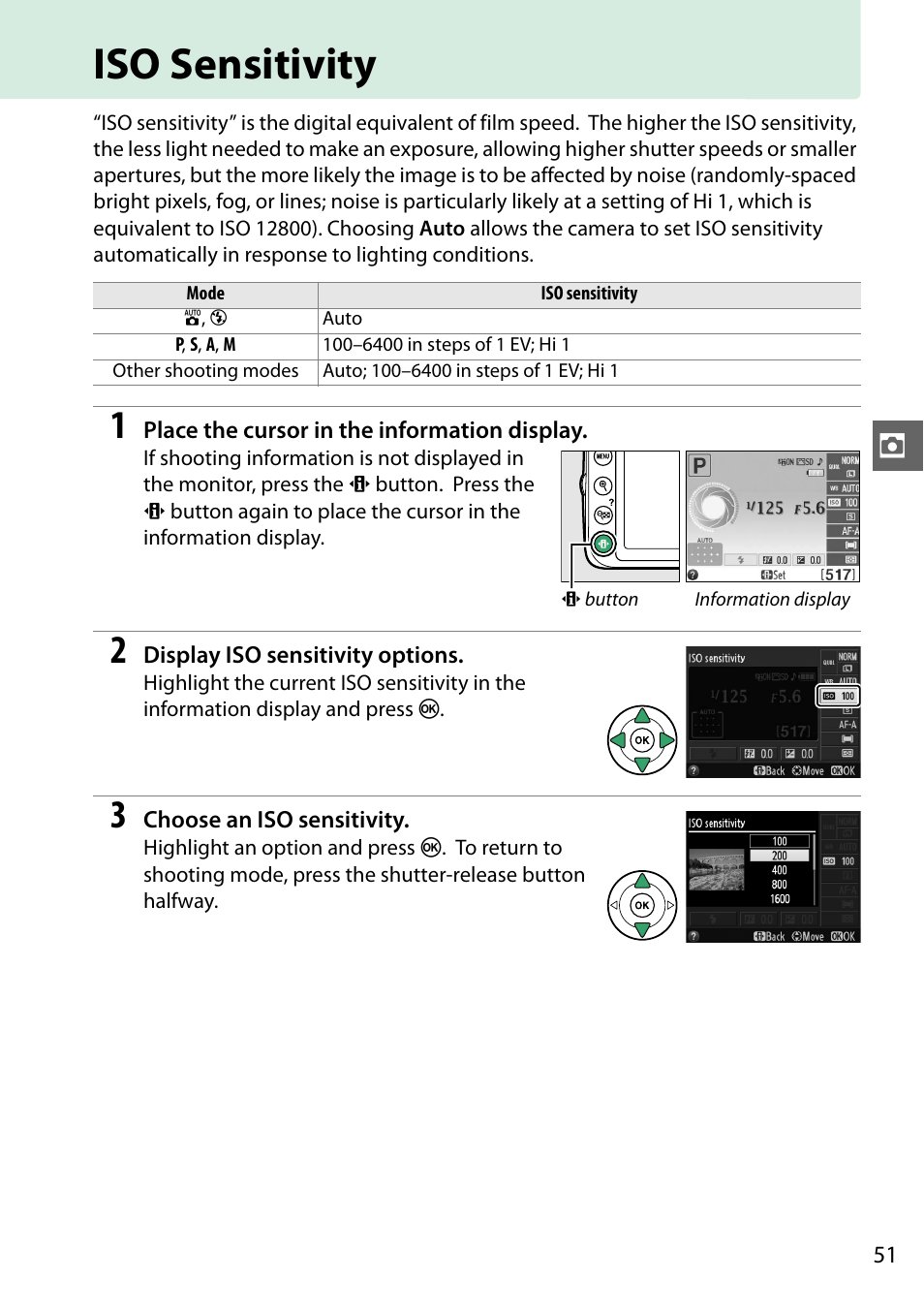 Iso sensitivity | Nikon D3200 User Manual | Page 67 / 228