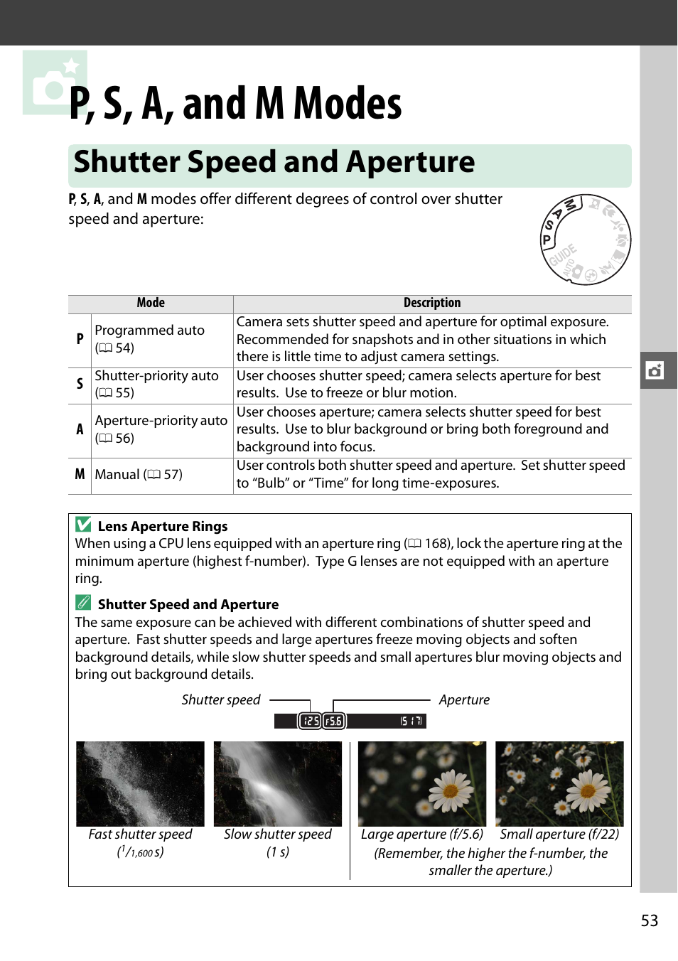 P, s, a, and m modes, Shutter speed and aperture | Nikon D3200 User Manual | Page 69 / 228