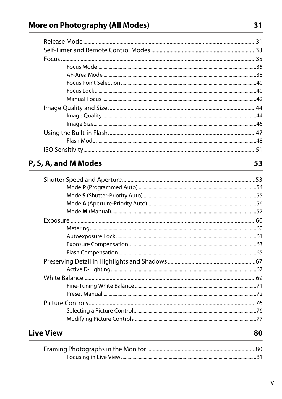 More on photography (all modes) 31, P, s, a, and m modes 53, Live view 80 | Nikon D3200 User Manual | Page 7 / 228