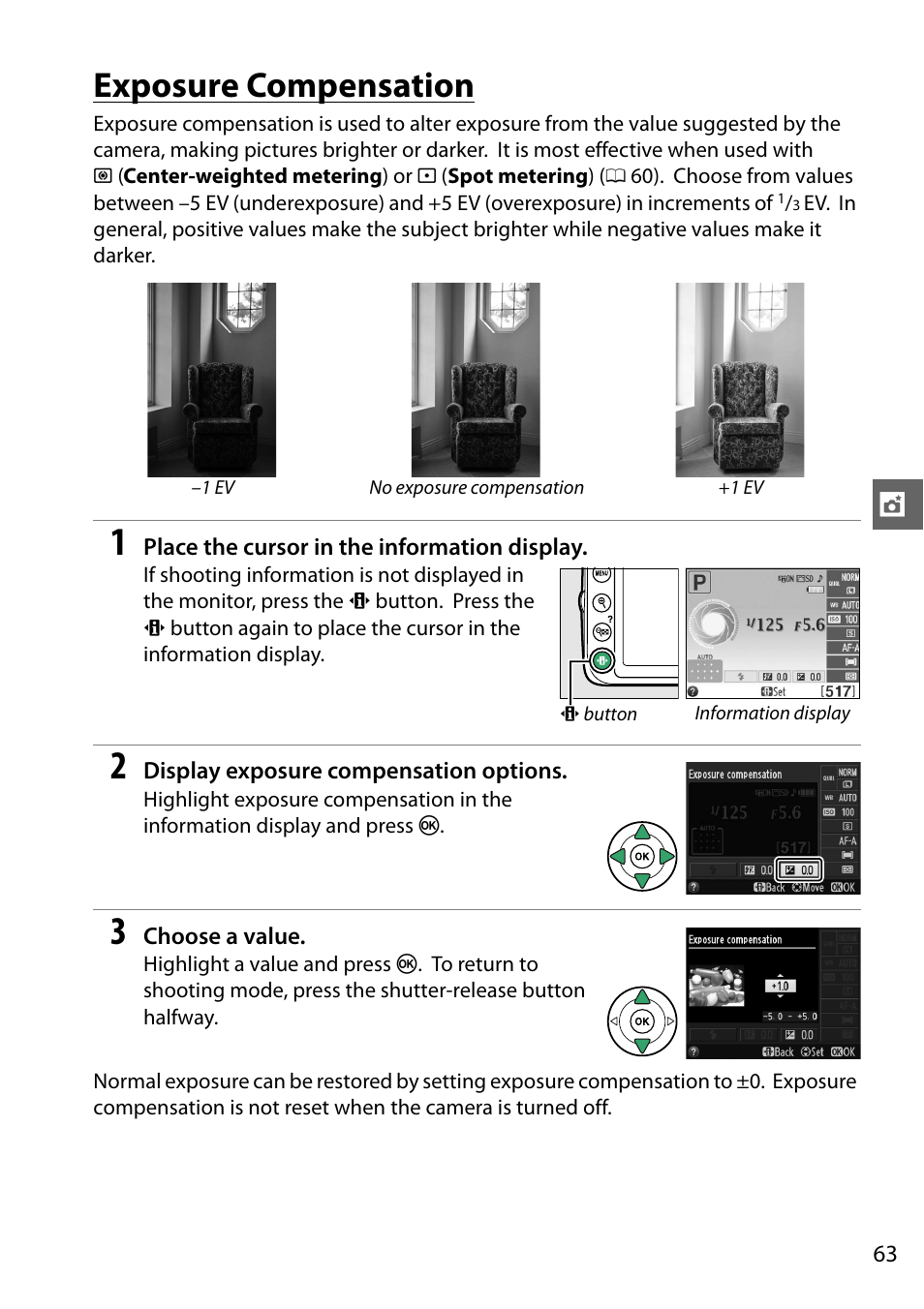 Exposure compensation | Nikon D3200 User Manual | Page 79 / 228