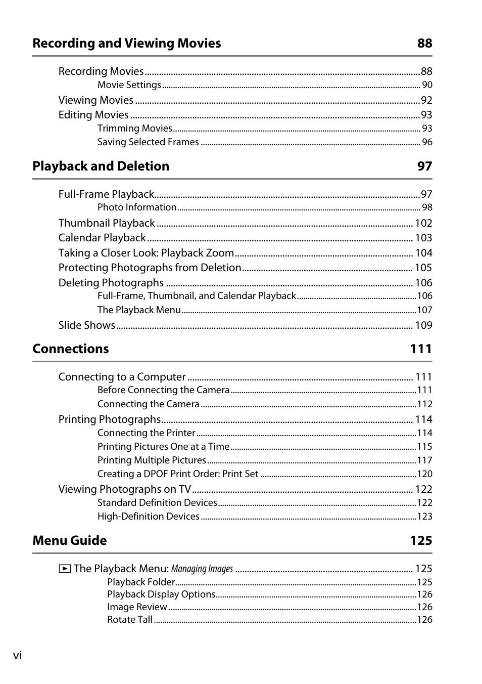 Recording and viewing movies 88, Playback and deletion 97, Connections 111 | Menu guide 125 | Nikon D3200 User Manual | Page 8 / 228