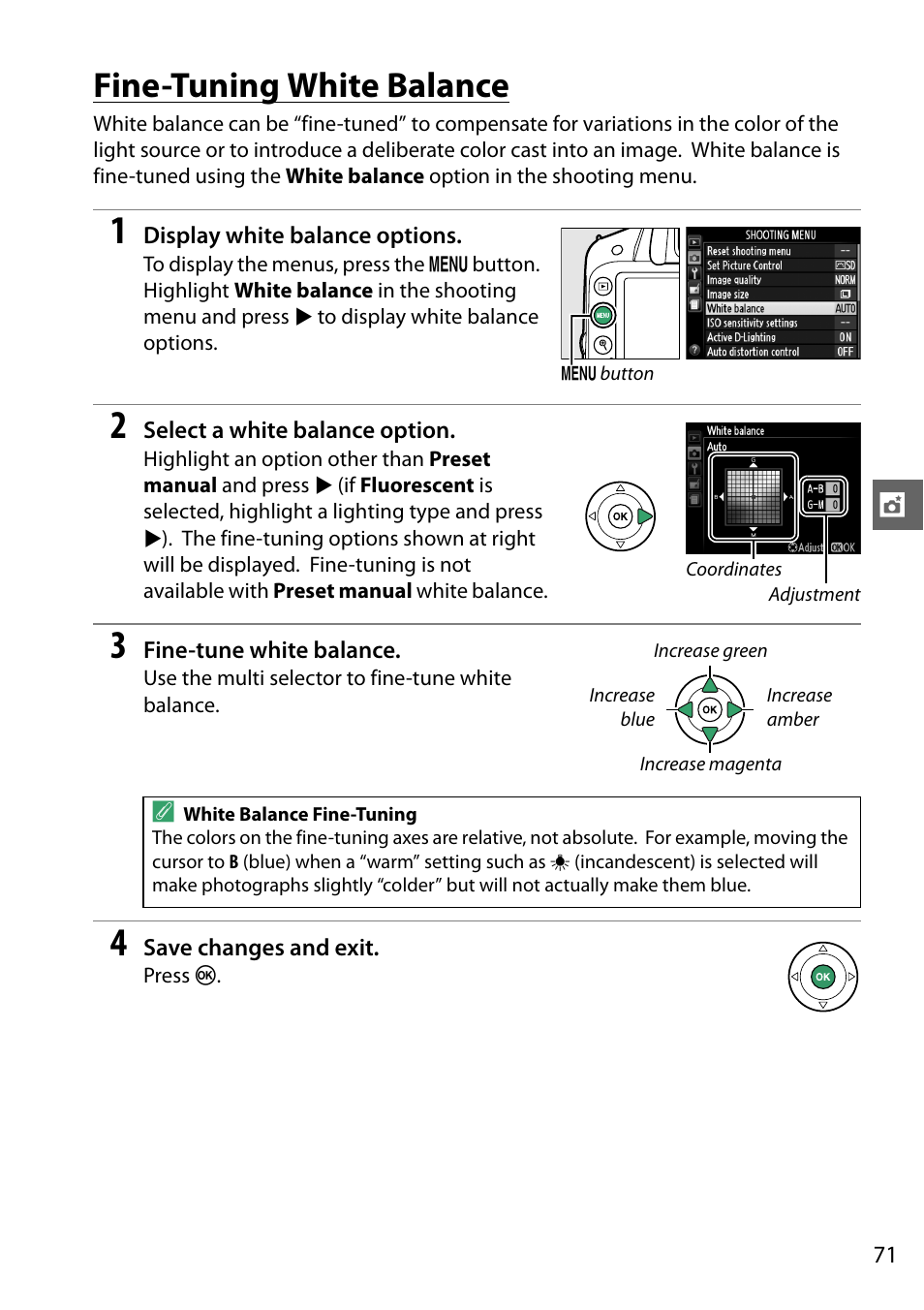 Fine-tuning white balance, 0 71) or measur | Nikon D3200 User Manual | Page 87 / 228