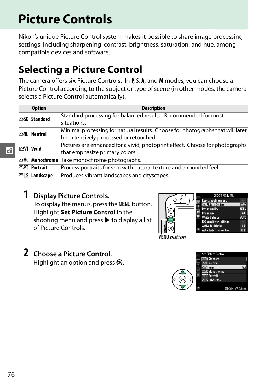 Picture controls, Selecting a picture control | Nikon D3200 User Manual | Page 92 / 228