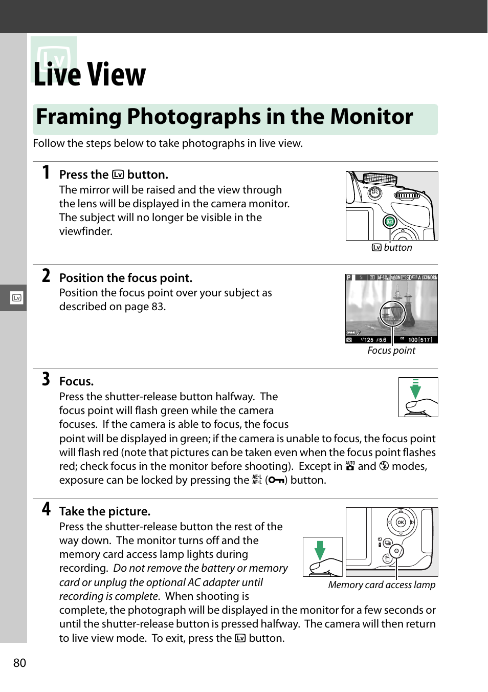 Live view, Framing photographs in the monitor | Nikon D3200 User Manual | Page 96 / 228