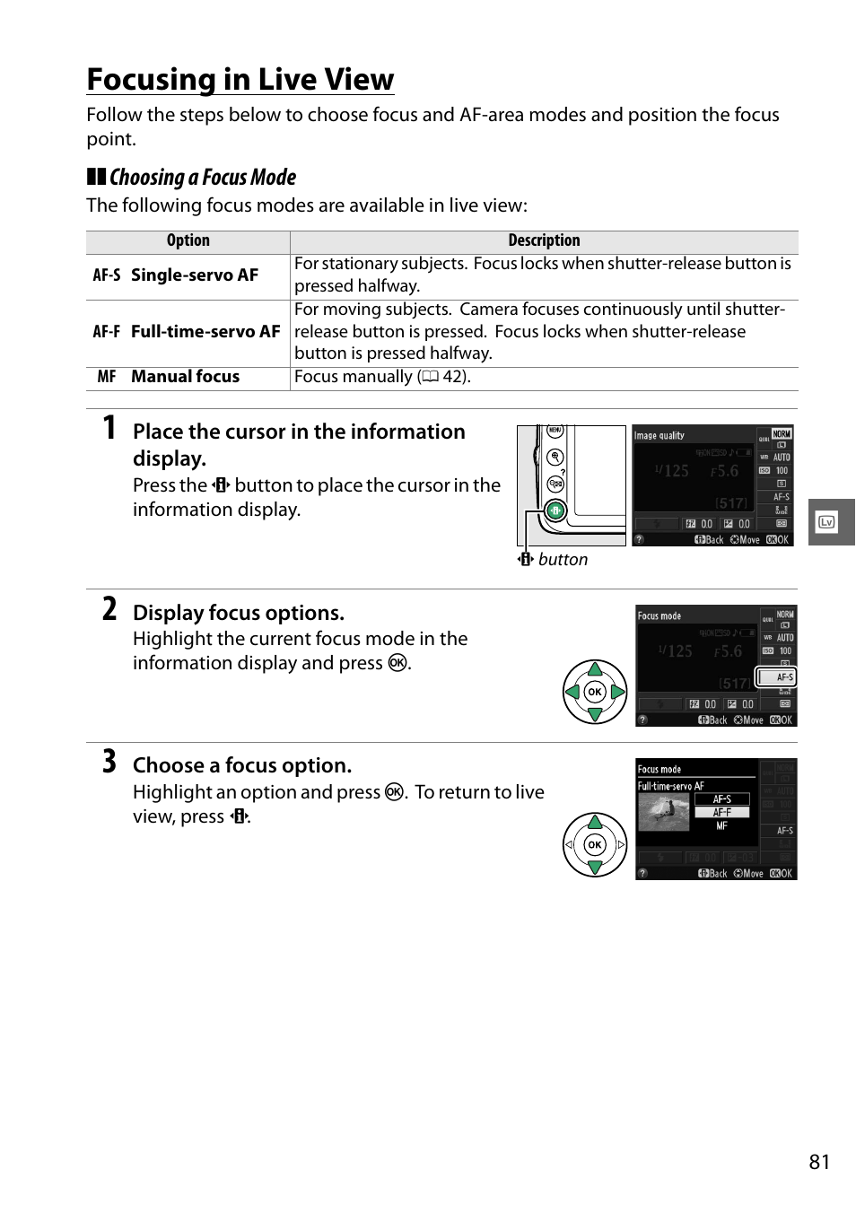Focusing in live view | Nikon D3200 User Manual | Page 97 / 228