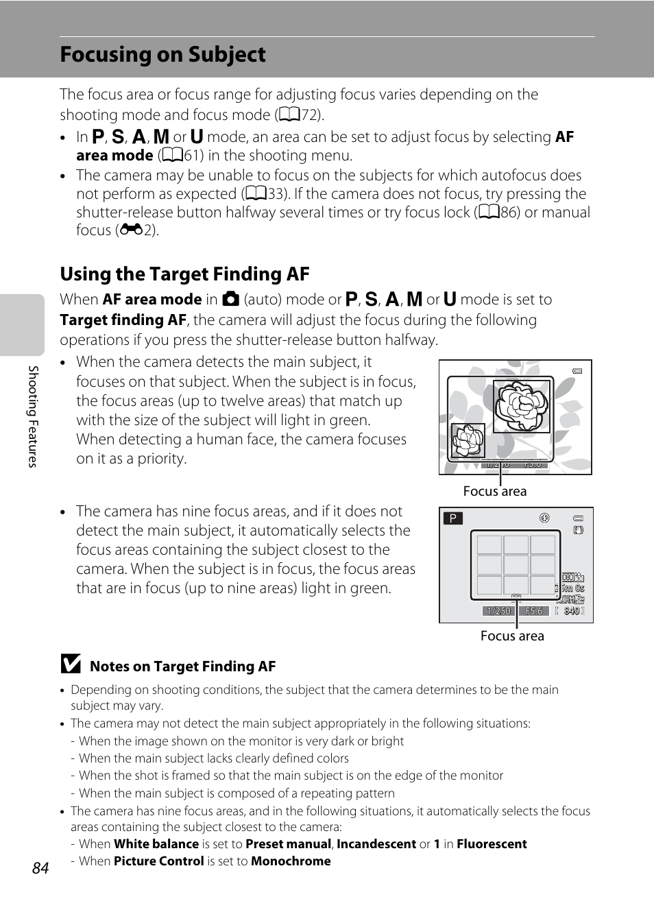 Focusing on subject, Using the target finding af, Ee “focusing on subject | A84) | Nikon P510 User Manual | Page 102 / 260